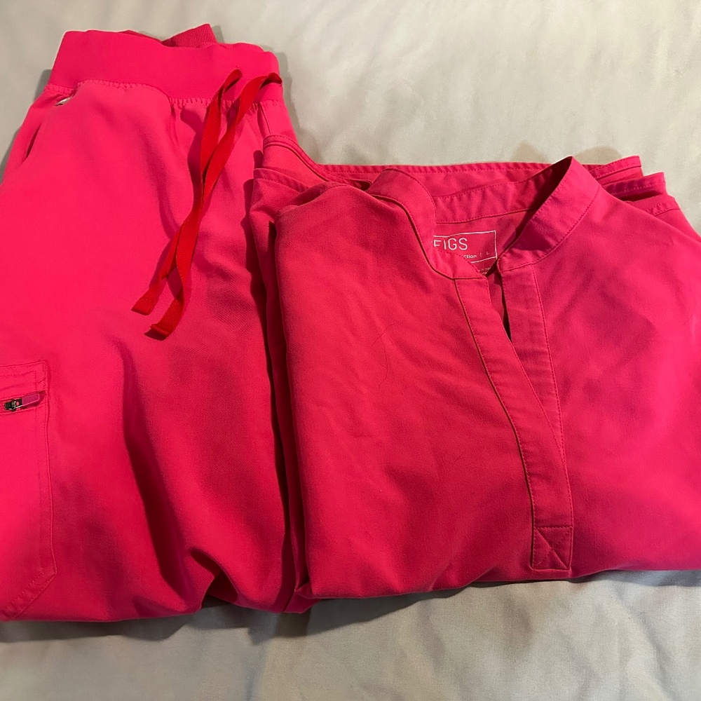 💖 FIGS Shocking Pink Scrub Set | Rafaela Top + Zamora HW Jogger | Size L | EUC
